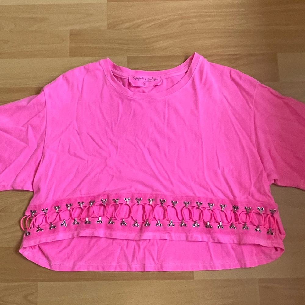 Emma & Sam Neon Pink Hook-Bottom Crop T-Shirt
